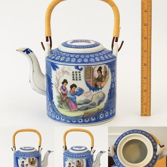 Vintage Chinese Blue & White Porcelain Teapot Woven Handle Asian Scene - Picture 1 of 7